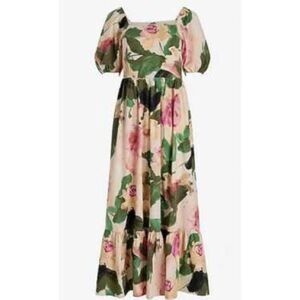 Express Womens Poplin Floral Maxi Dress Small Tiered Puff Sleeve Cottagecore NWT